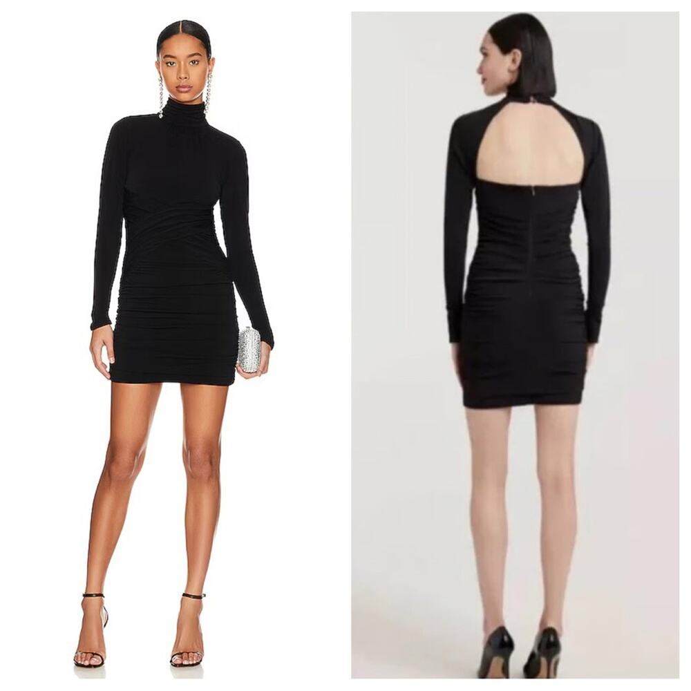 Cinq à Sept Amar Dress Ruched Long Sleeve High Neck Cut-Out Back Bodycon Black 6